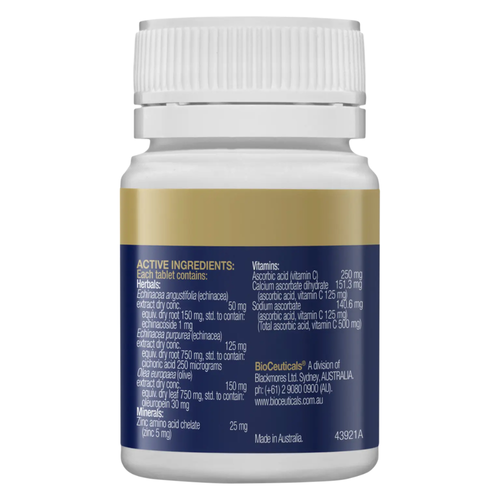 Active ingredients panel for BioCeuticals ArmaForce Cold & Flu + Congestion listing Echinacea, Olive Leaf, Vitamin C, and Zinc.