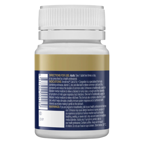 Directions for use and warning statement panel on BioCeuticals ArmaForce Cold & Flu + Congestion bottle.
