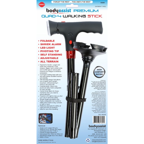 Bodyassist Premium Quad-4 Walking Stick Adult 78-96cm
