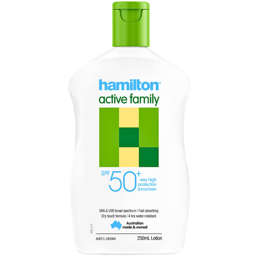 Hamilton Sunscreen Active Family Lotion SPF 50+ Dry Touch Technology Body And Face 250mL Hamilton Sunscreen Active Family Lotion SPF 50+ Dry Touch Technology Body And Face 250mL