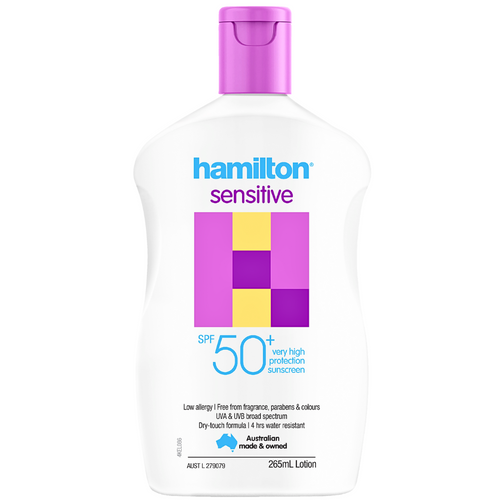Hamilton Sunscreen Sensitive Lotion SPF 50+ Dry-Touch Formula Body And Face 265mL Hamilton Sunscreen Sensitive Lotion SPF 50+ Dry-Touch Formula Body And Face 265mL