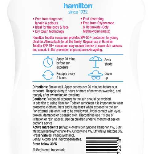 Hamilton Sunscreen Toddler Lotion SPF 50+ Dry Touch Technology Back View of the packaging image