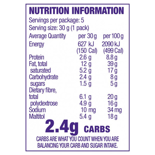 Back of Atkins Endulge Chocolate Coated Almonds 30g Pack showing nutritional information