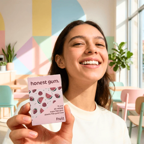 Honest Gum Fruit Sugar Free Chewing Gum image of model with box
