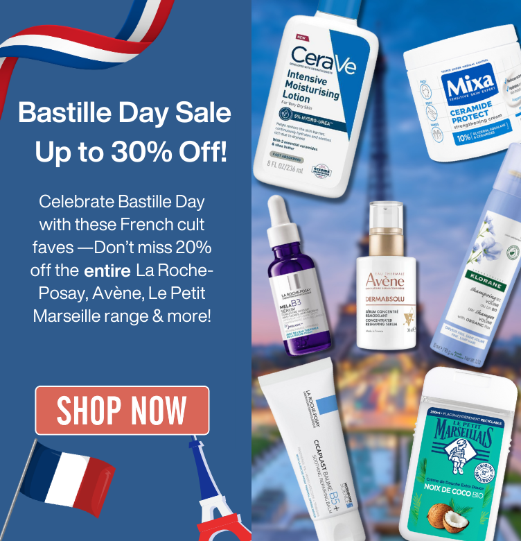 Blue banner with the title 'Bastille Day Sale – Up to 30% Off' and description 'Celebrate Bastille Day with these cult French faves, featuring La Roche-Posay, Klorane, Avène, Mixa, CeraVe, and Le Petit Marseillais.'