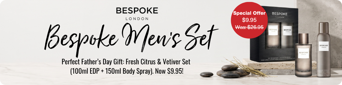 Bespoke London Men's Fresh Citrus & Vetiver Gift Set promotional banner, discounted to $9.95 from $26.95 for Father's Day.