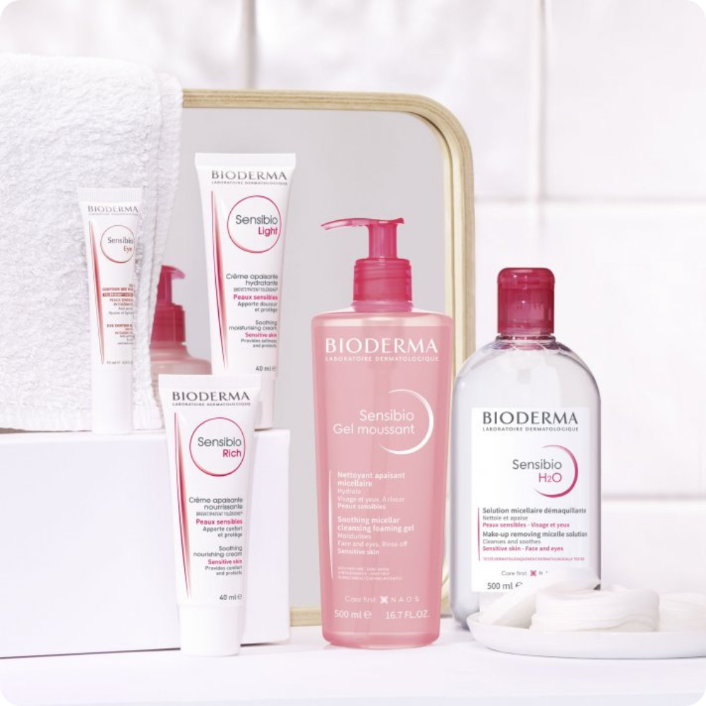 Bioderma products sitting next to a sink