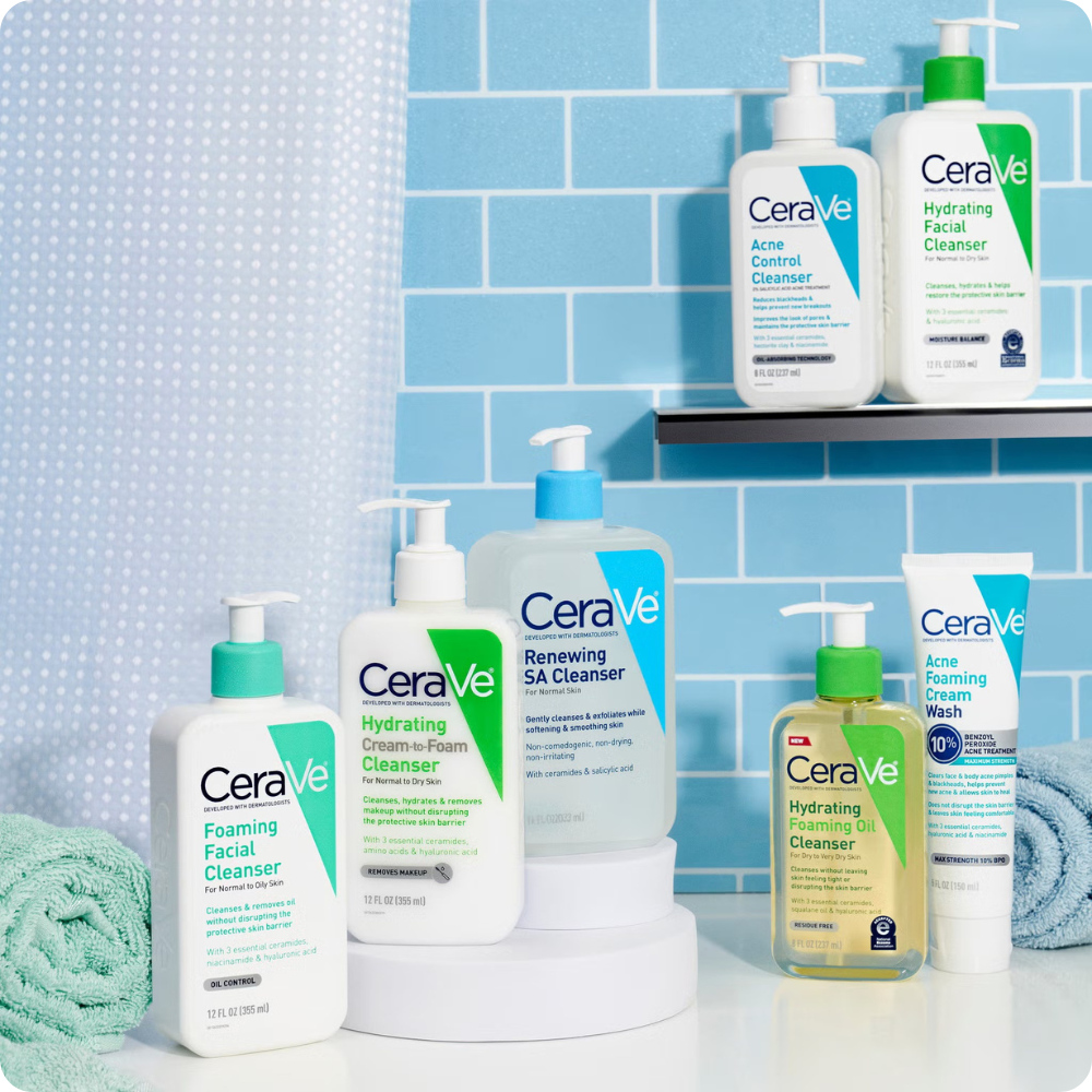 CeraVe products sitting next to a sink