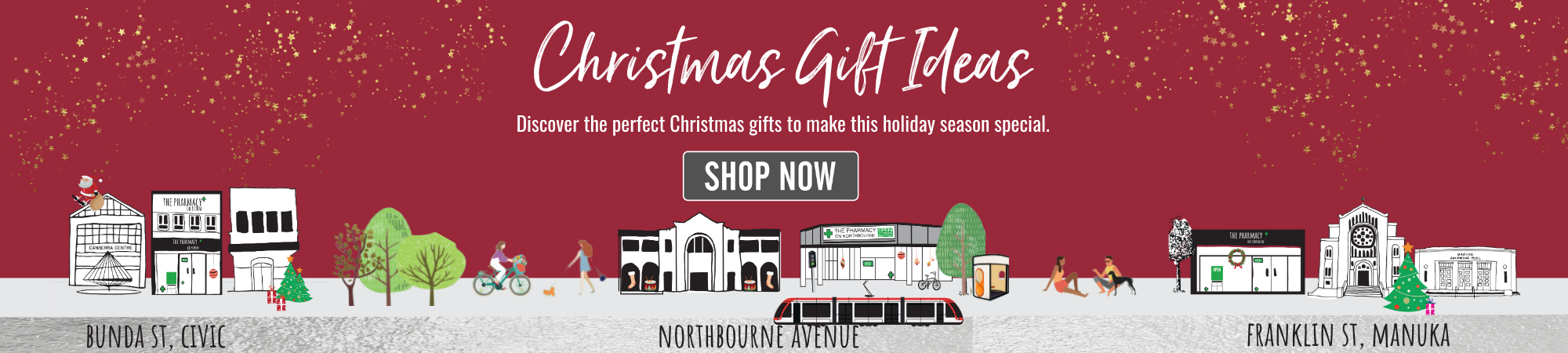 Red banner with the title 'Christmas Gift Ideasin White text. Below, a description reads: Discover the perfect Christmas gifts to make this holiday season special.