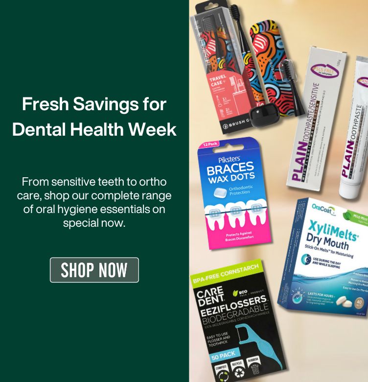 A promotional banner for Dental Health Week featuring the text 'Fresh Savings for Dental Health Week: From sensitive teeth to ortho care, shop our complete range of oral hygiene essentials on special now,' alongside a 'SHOP NOW' button. On the right, a curated selection of oral care products is displayed on a wooden surface in a blurred bathroom setting. The products include toothpaste, electric toothbrushes, flosser picks, dry mouth melts, and orthodontic wax dots.