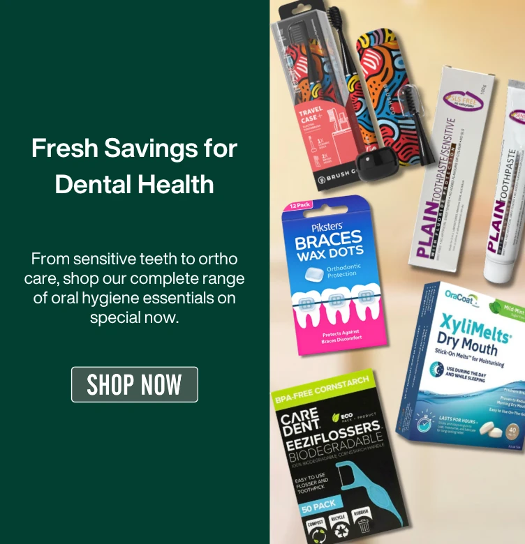 A promotional banner for Dental Health Week featuring the text 'Fresh Savings for Dental Health Week: From sensitive teeth to ortho care, shop our complete range of oral hygiene essentials on special now,' alongside a 'SHOP NOW' button. On the right, a curated selection of oral care products is displayed on a wooden surface in a blurred bathroom setting. The products include toothpaste, electric toothbrushes, flosser picks, dry mouth melts, and orthodontic wax dots.