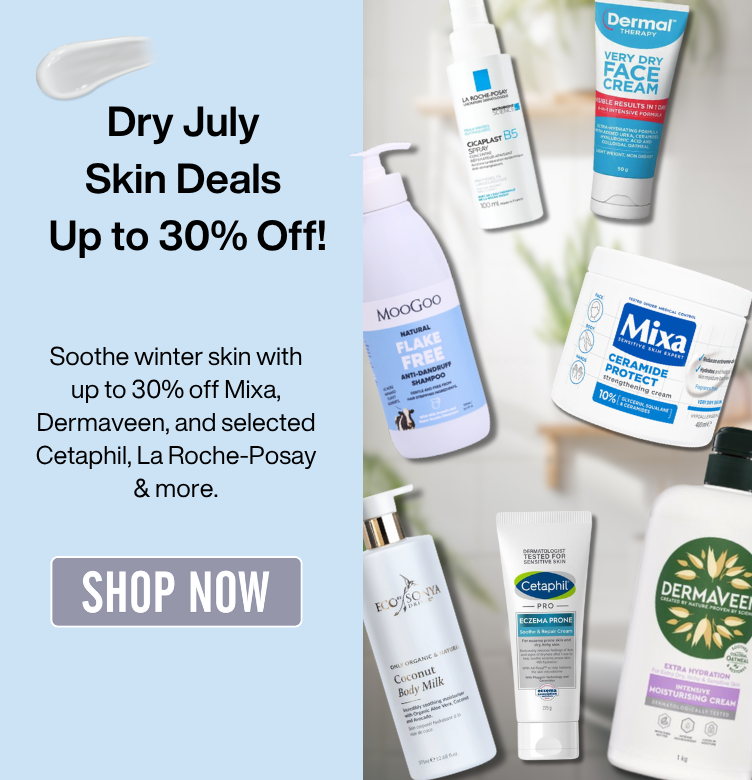 Blue banner featuring a woman applying cream to dry skin, with the title 'Dry July Skin Deals – Up to 30% Off' and description 'Soothe winter skin with up to 30% off Mixa, Dermaveen, and selected Cetaphil, La Roche-Posay & more.'