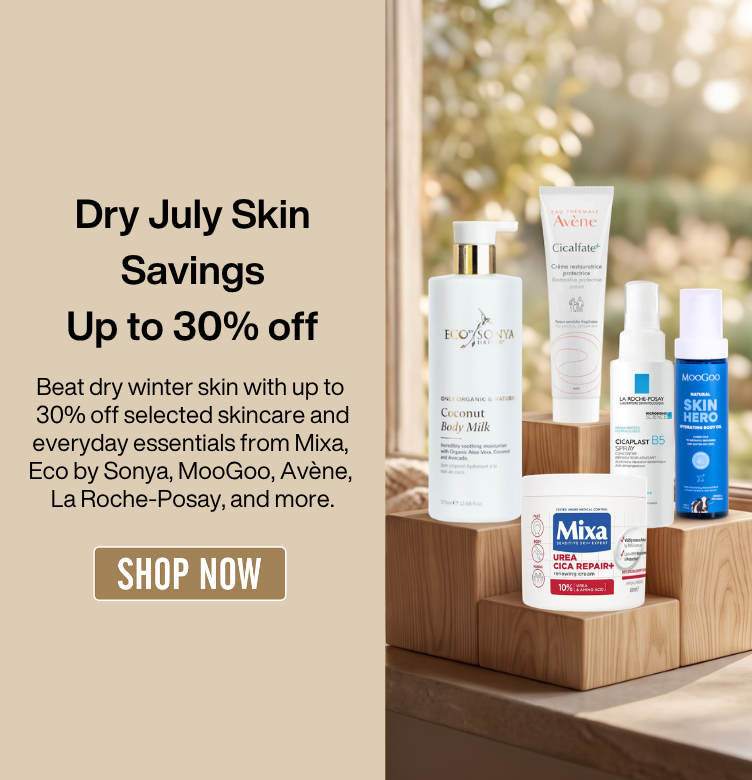 Dry July Skin Savings: Up to 30% off selected skincare and everyday essentials from brands like Mixa, Eco by Sonya, MooGoo, Avène, and La Roche-Posay. Click to shop now