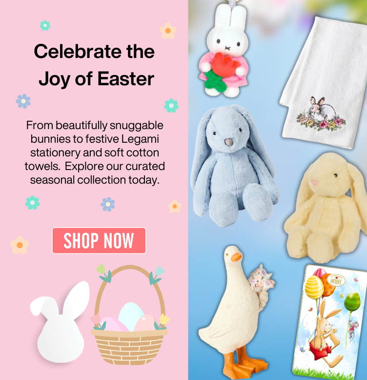 Green banner with the title Celebrate the Joy of Easter black text. Below, a description reads:  From beautifully snuggable bunnies to festive Legami stationery and soft cotton towels. Explore our curated seasonal collection today.