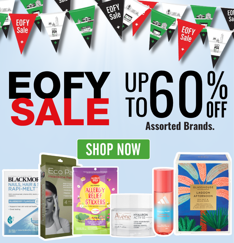 EOFY Sale banner featuring selected health, beauty and lifestyle products with up to 60% off assorted brands and a "Shop Now" button.