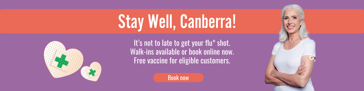 Promotional health banner titled "Stay Well, Canberra!" featuring an older woman with a bandage on her arm after a flu shot. It includes text about walk-ins, online booking, and free vaccines for eligible customers, alongside a "Book now" button.