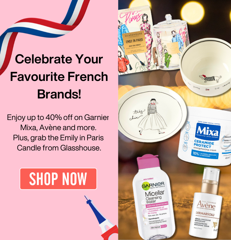 Light pink banner with the title Celebrate your favourite french brands' in black text. Below, a description reads: enjoy up to 40% off on Garnier, Mixa, Avene, Pilbeam and more. Plus, grab the emily in paris candle from Glasshouse a touch of Parisian charm for your home.