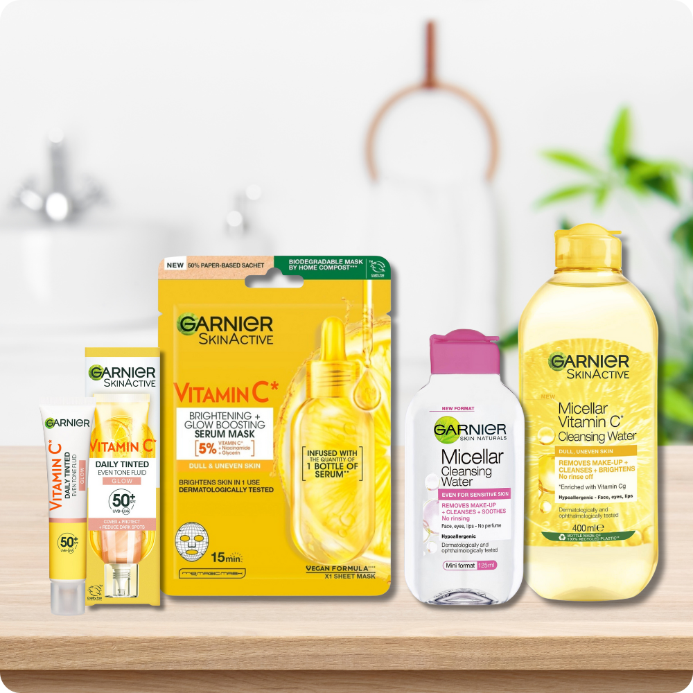 Garnier products sitting in a bathroom