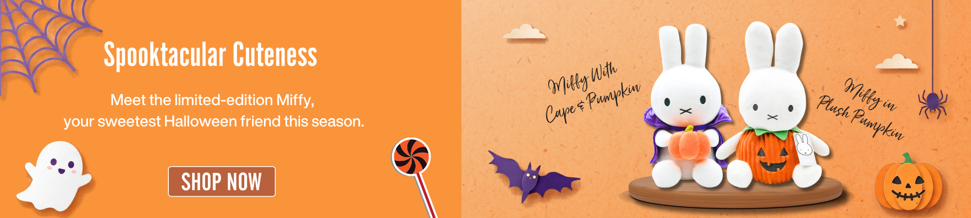 Limited Edition Halloween Miffy Plush Toys featuring Miffy with Cape and Pumpkin and Miffy in Plush Pumpkin Costume.