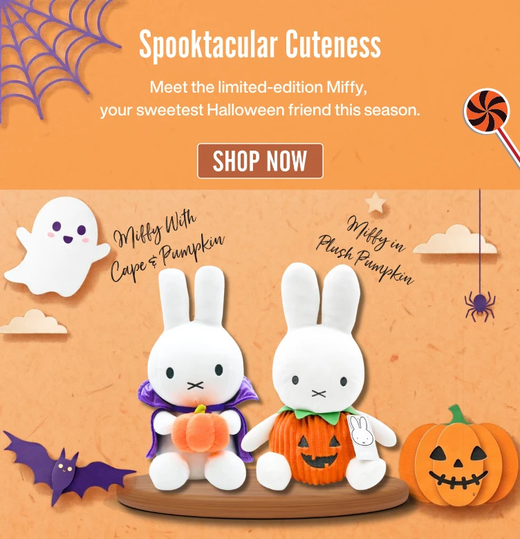 Limited Edition Halloween Miffy Plush Toys featuring Miffy with Cape and Pumpkin and Miffy in Plush Pumpkin Costume.