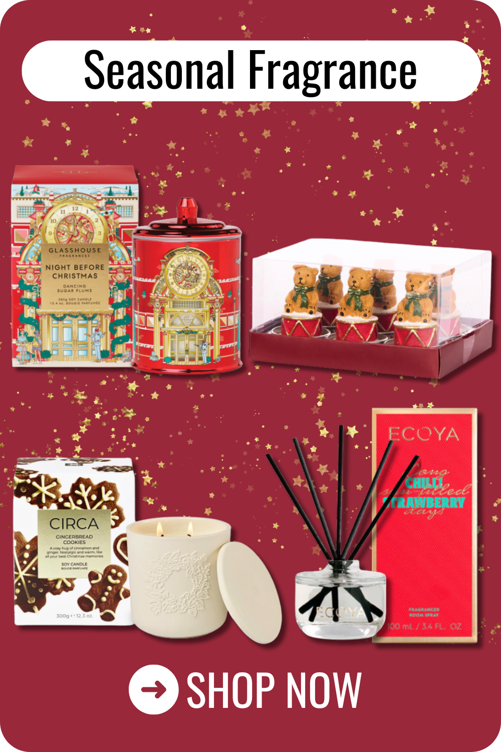 Red festive Christmas banner featuring seasonal fragrance gifts including Glasshouse Fragrance, Circa Home, Ecoya, and more