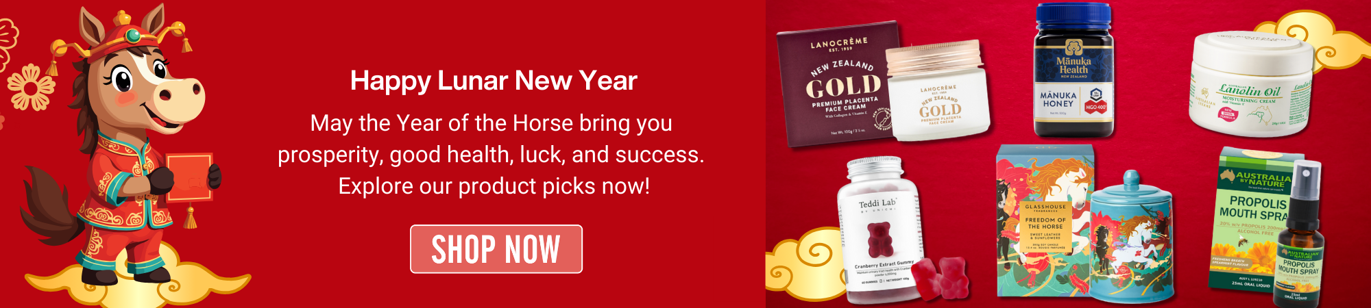 Red banner with the title Happy Lunar New Year in white text. Below, a description reads: May the Year of the Horse bring you prosperity, good health, luck and success. Explore our product picks now!