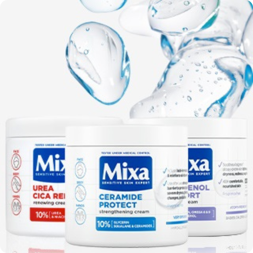 Three Mixa products in front of a bubble of water