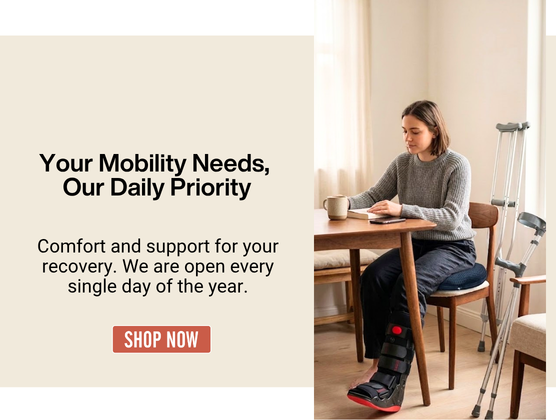 A person with a moonboot on their injured leg sits at a table reading a book with the donut seat pillow, with crutches nearby. Text reads "Your Mobility Needs, Our Daily Priority" and "SHOP NOW".