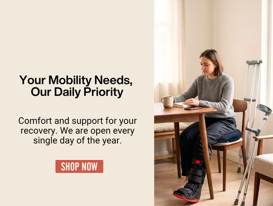 A person with a moonboot on their injured leg sits at a table reading a book with the donut seat pillow, with crutches nearby. Text reads "Your Mobility Needs, Our Daily Priority" and "SHOP NOW".