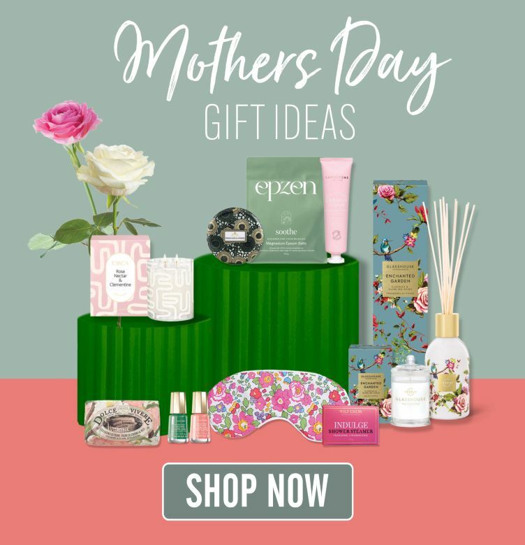 Banner featuring Mother's Day gift ideas including Glasshouse Fragrances Enchanted Garden, Circa Home, Liberty London and other gifts