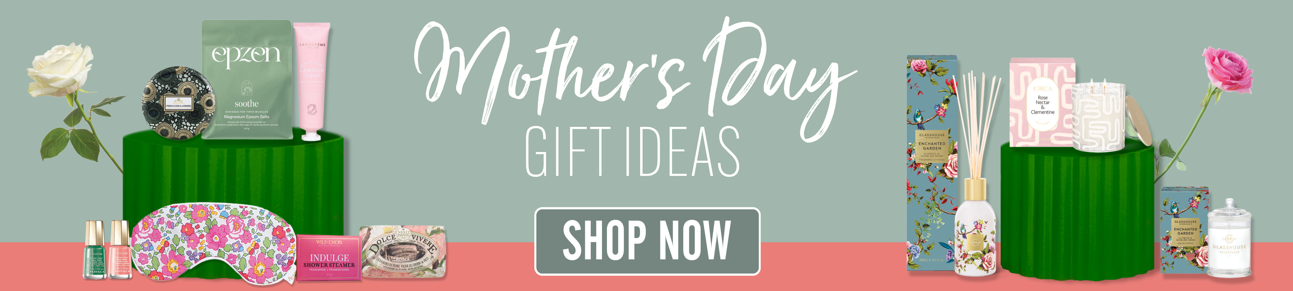 Banner featuring Mother's Day gift ideas including Glasshouse Fragrances Enchanted Garden, Circa Home, Liberty London and other gifts