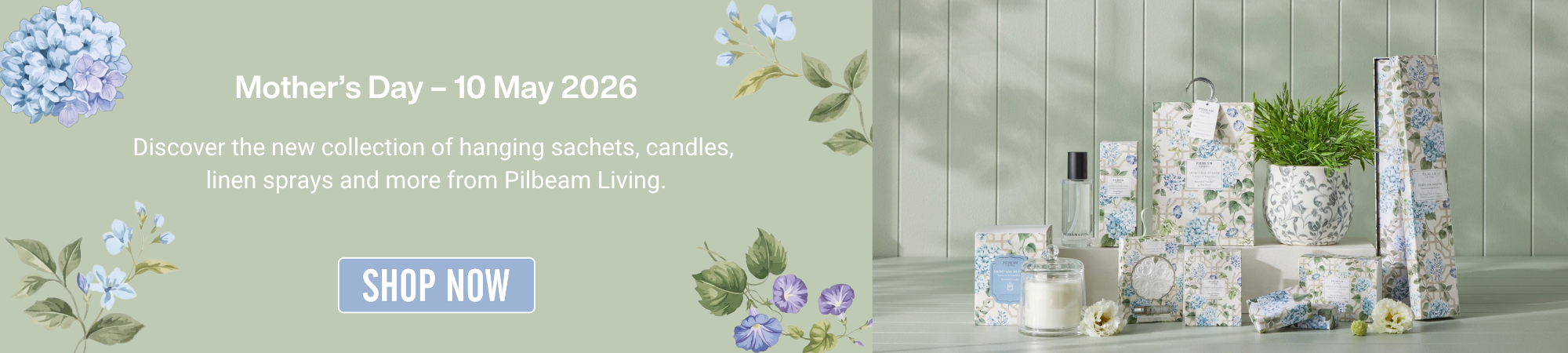 Mother's Day promotion for Pilbram Living featuring a collection of home fragrance products with floral patterns, including candles, sachets, and linen sprays.