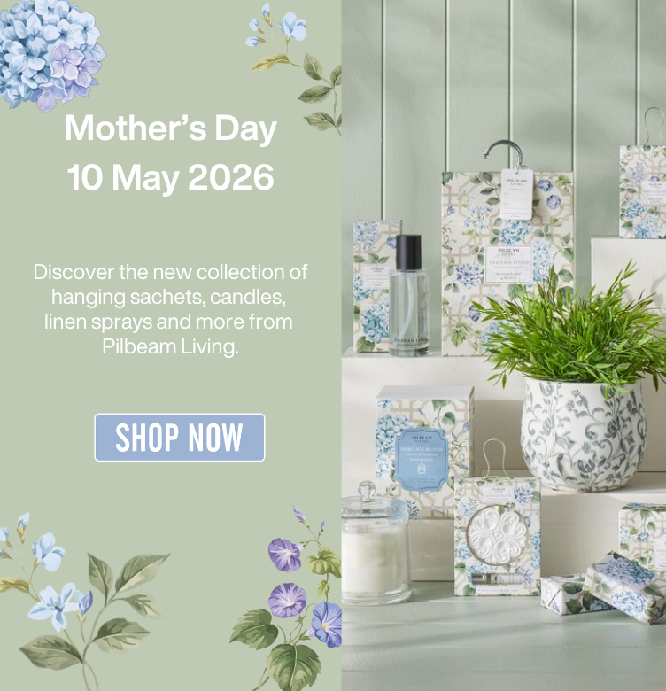 Mother's Day promotion for Pilbram Living featuring a collection of home fragrance products with floral patterns, including candles, sachets, and linen sprays.