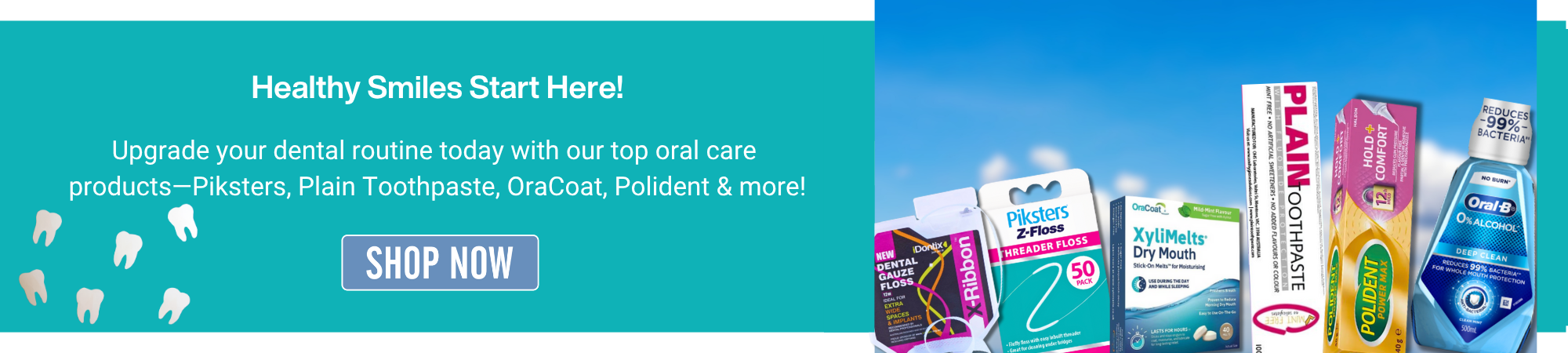 Blue banner with the title Healthy Smiles Start Here!' and description 'Upgrade your dental routine today with our top oral care products—Piksters, Plain Toothpaste, OraCoat, Polident & more!'. Featuring Plain Toothpaste, Idontix X-Ribbon, Piksters Z-Floss, Xylimelts Dry Mouth, and Oral-B Deep Clean Mouthwash.
