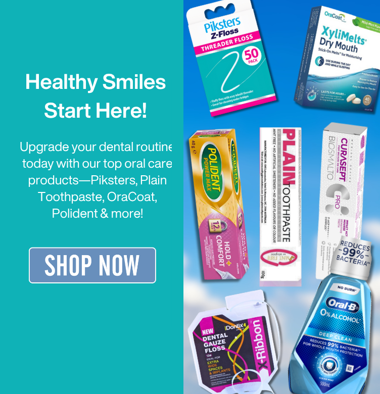 Blue banner with the title Healthy Smiles Start Here!' and description 'Upgrade your dental routine today with our top oral care products—Piksters, Plain Toothpaste, OraCoat, Polident & more!'. Featuring Plain Toothpaste, Idontix X-Ribbon, Piksters Z-Floss, Xylimelts Dry Mouth, and Oral-B Deep Clean Mouthwash.