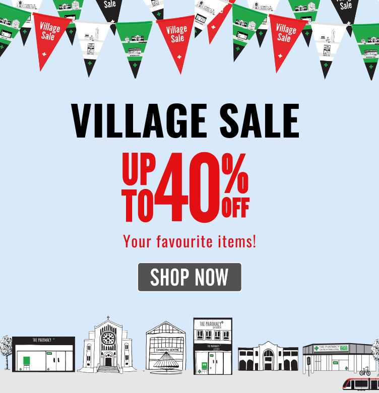 Light blue banner with the title 'Village Sale' in black text. Below, a description reads: Up to 40% off your favourite items!