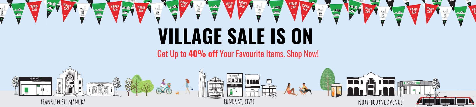 Light blue banner with the title 'Village Sale' in black text. Below, a description reads: Up to 40% off your favourite items!