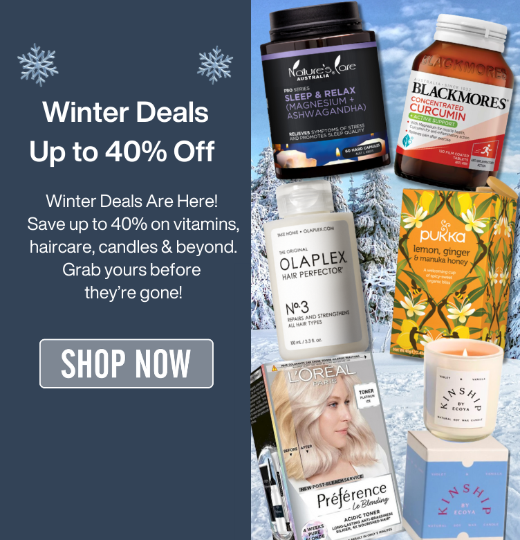 Blue banner with the title 'Winter Deals – Up to 40% Off!' in bold white text. Below, a description reads: 'Winter Deals Are Here! Save up to 40% on vitamins, haircare, candles & more. Grab yours before they’re gone!' Featured product images include Nature's Care, Bioglan, Blackmores, Olaplex, Pukka Tea, and Ecoya Kinship, displayed prominently across the banner."