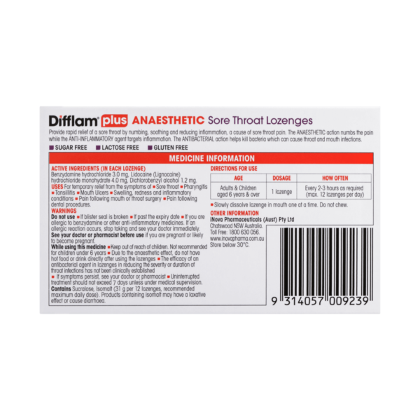 Shop Difflam Plus Anaesthetic Sore Throat Lozenges Berry 16 Pack by Difflam