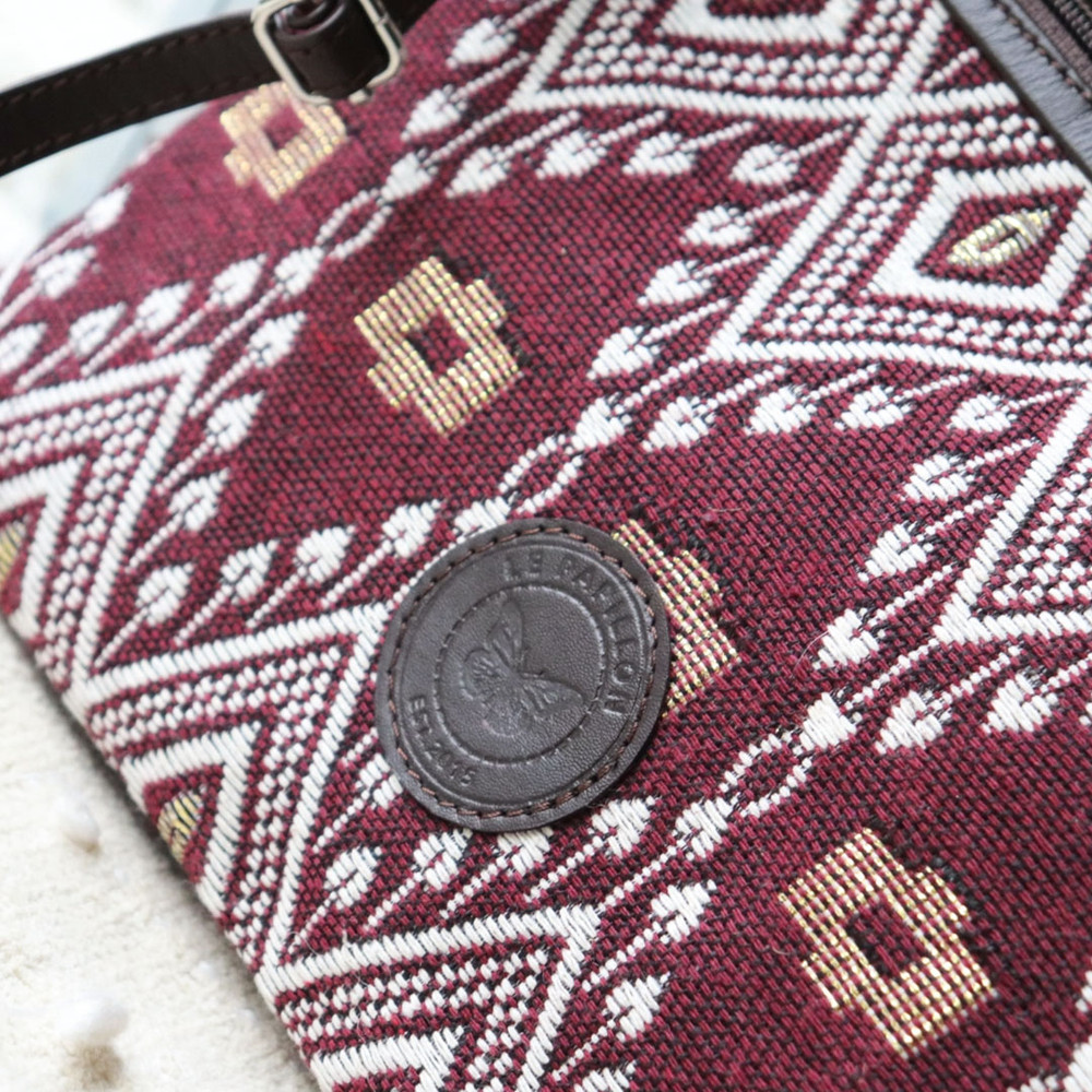 Burgundy Jacquard Crossbody with Genuine Leather 