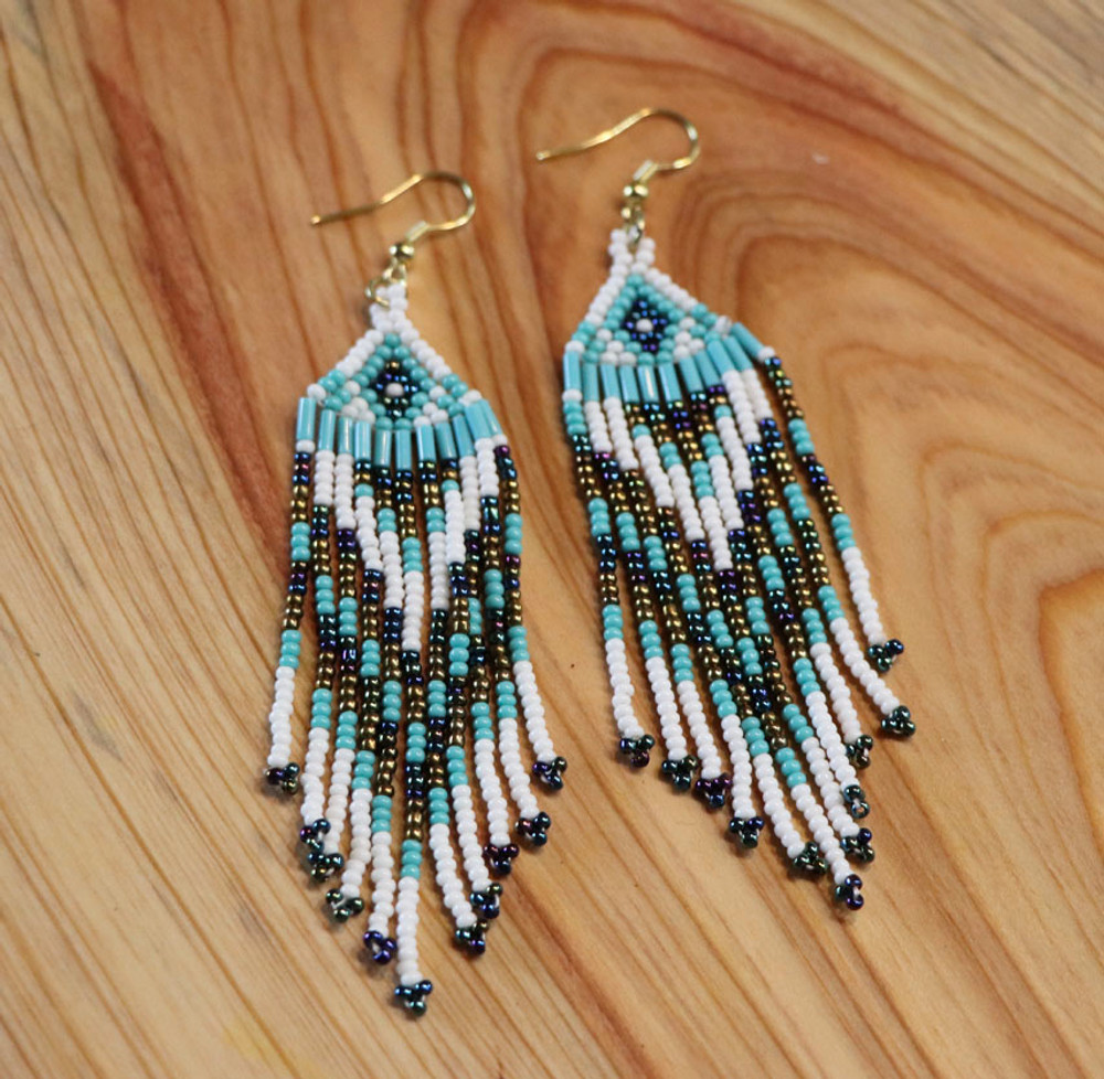 Native American Beaded Earrings - Dangle Earrings - Pyote Stitch Earrings -  Brown Yellow Red White Orange