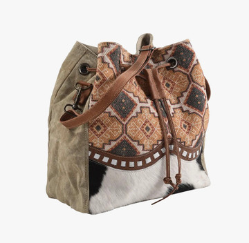 Odessa Up-cycled Bucket Bag w/ Genuine Leather & Cowhide