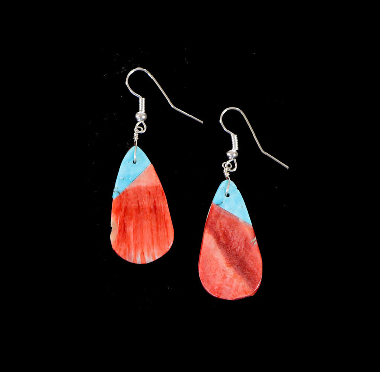 Chibi Natural-Cut Red Spiny Oyster & Turquoise Drop Earrings