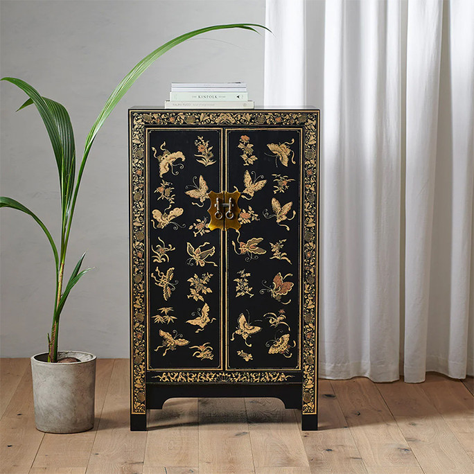 Chinese Black Lacquer Butterfly Cabinet