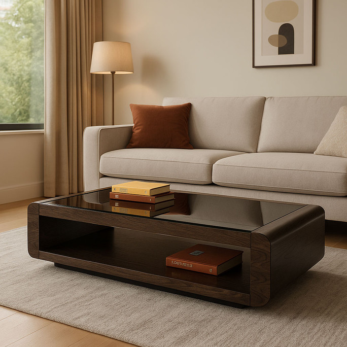Penthouse Rectangular Coffee Table Dark Brown Wood and Glass