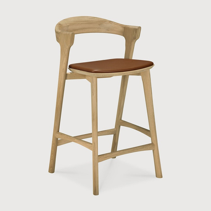Ethnicraft Bok Counter Stool Chair with Cognac Leather Seat – 67cm Seat Height