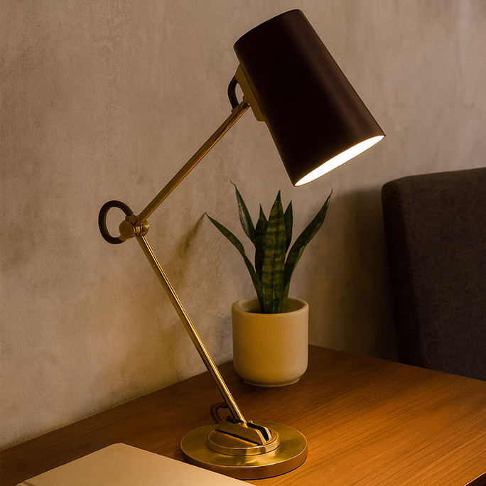 Visual Comfort Benton Adjustable Brass Desk Lamp Leather Shade Designed by Ralph Lauren Buy at 4Living