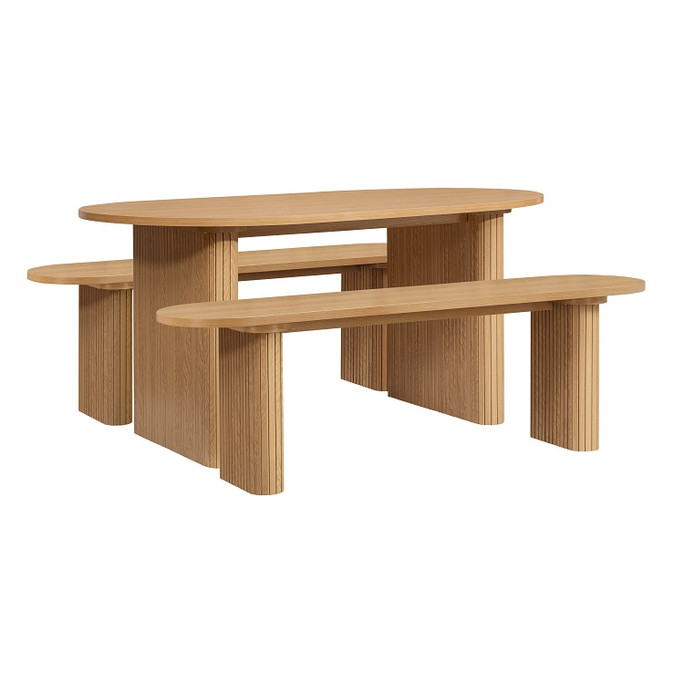 Oval Fluted Dining Table With 2 Benches Oak – Fluted Oak, Japandi Rounded Design – Axel Oval Fluted Dining Table With 2 Benches Oak – Fluted Oak, Japandi Rounded Design – Axel