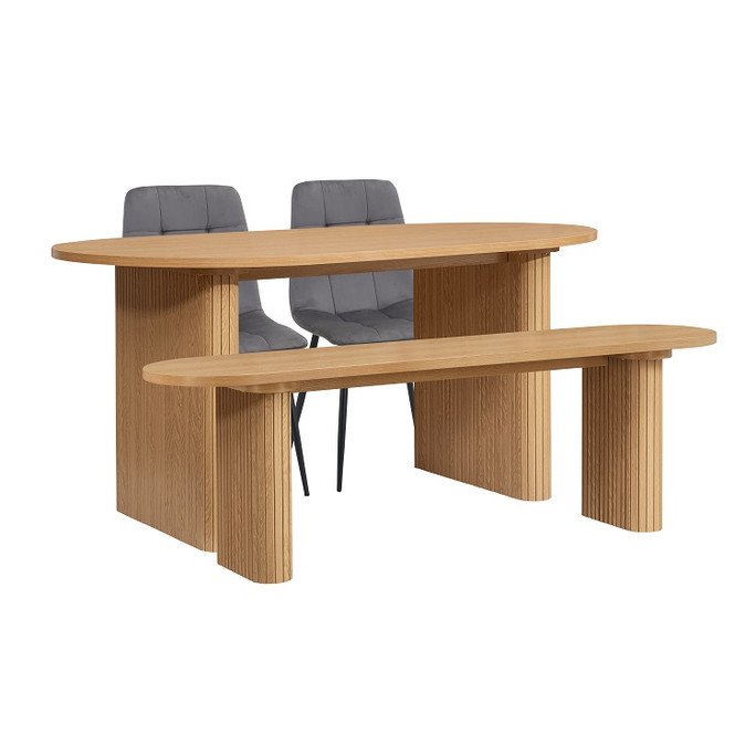 Oval Fluted Dining Table With 2 Chairs And Bench Oak – Fluted Oak, Japandi Rounded Design – Axel Oval Fluted Dining Table With 2 Chairs And Bench Oak – Fluted Oak, Japandi Rounded Design – Axel