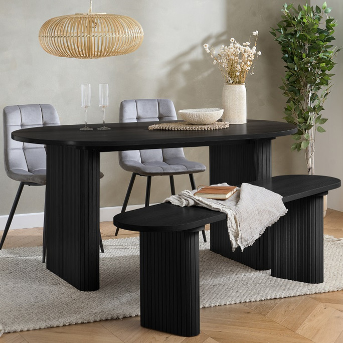 Oval Fluted Dining Table With 2 Chairs And Bench Black – Fluted, Japandi Rounded Design – Axel